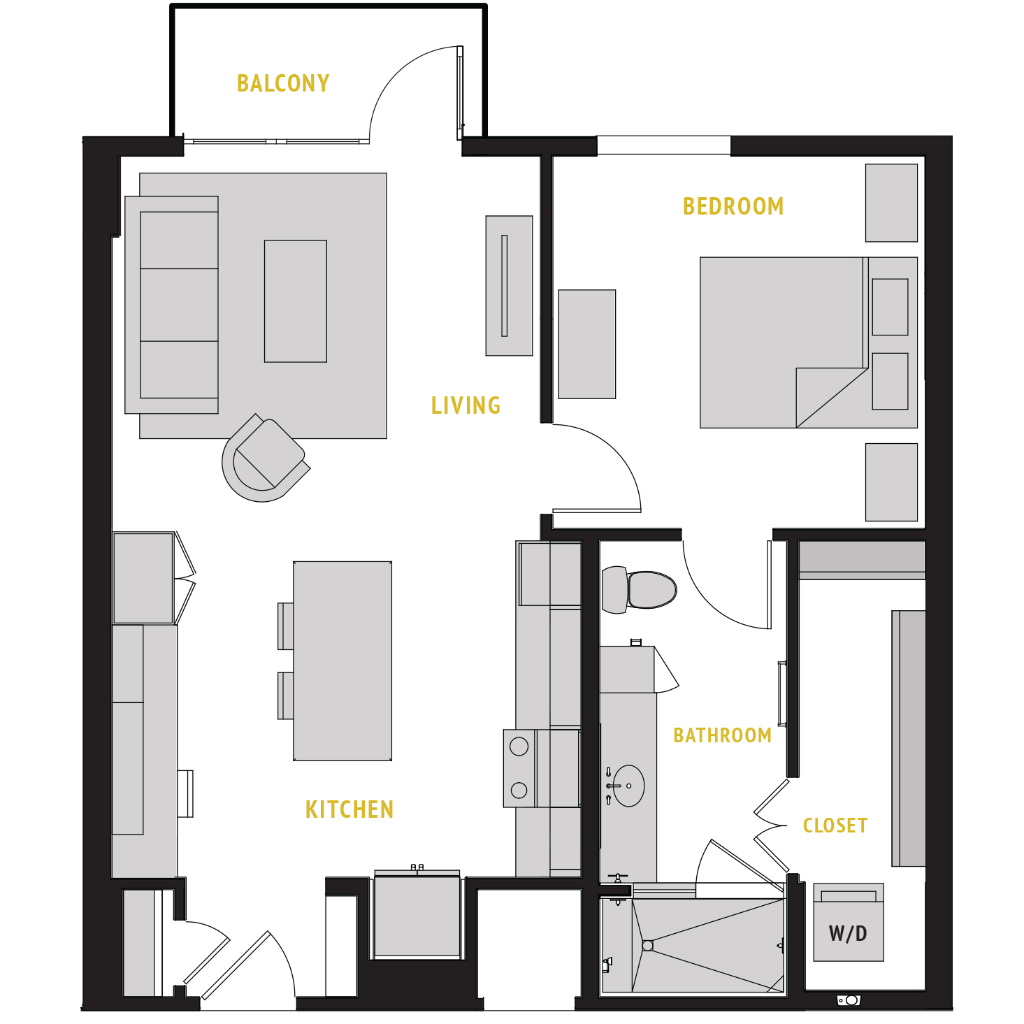 Floor plan for 1 bed, 1 bath, 773 sqft